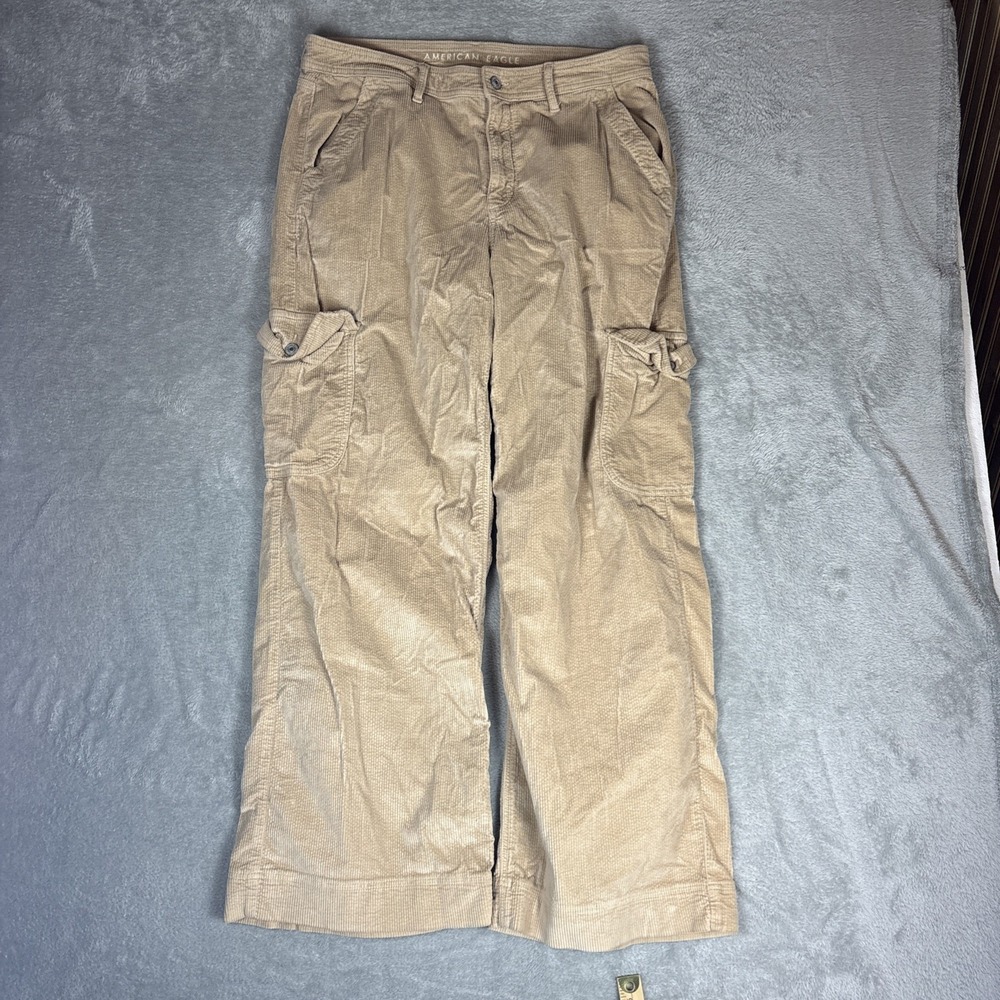 American Eagle Pants Womens 14 Tan Super High Rise Baggy Wide Leg Corduroy Cargo